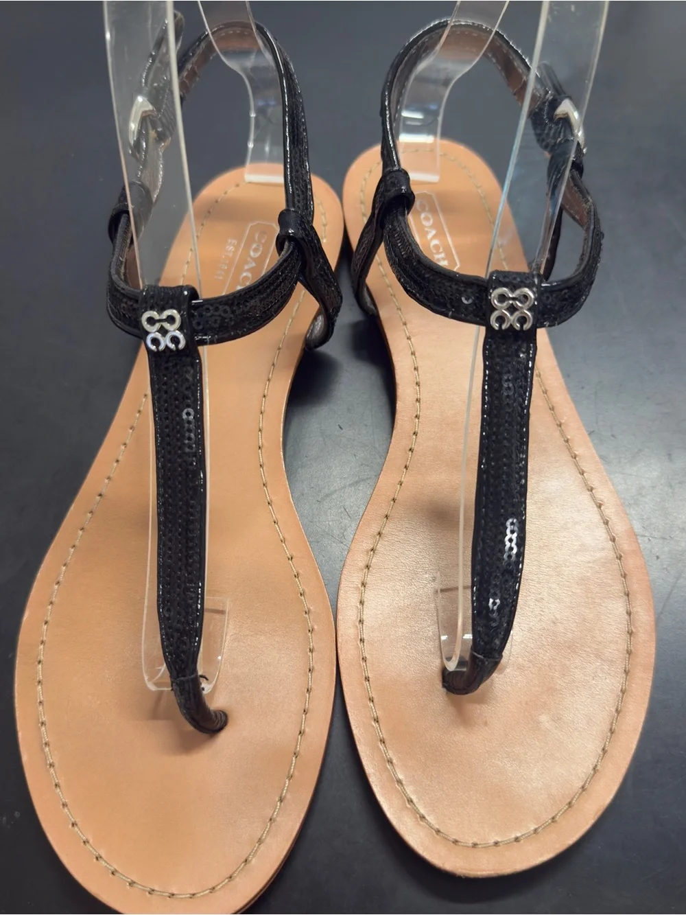 Coach Rolanda Black Leather T-Strap Sandals Size 7